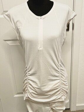 Athleta Active Pacifica Tech Tee, white 1/4 zip ruched activewear top, size L